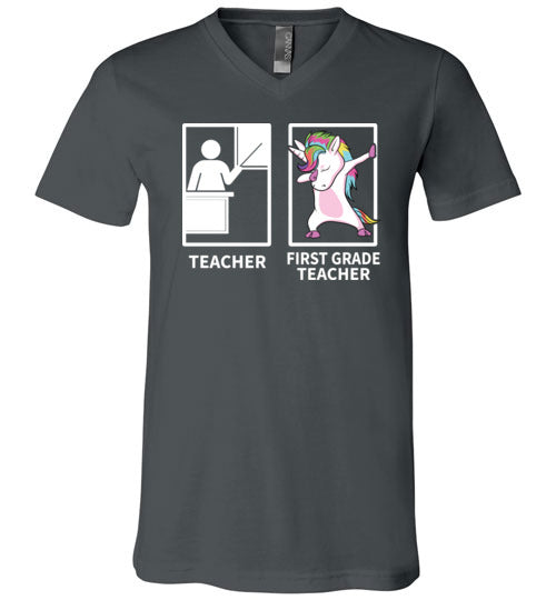Dabbing Unicorn First Grade Teacher V-Neck