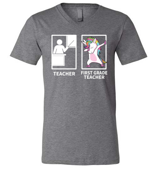 Dabbing Unicorn First Grade Teacher V-Neck