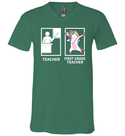 Dabbing Unicorn First Grade Teacher V-Neck
