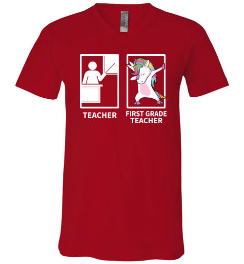 Dabbing Unicorn First Grade Teacher V-Neck