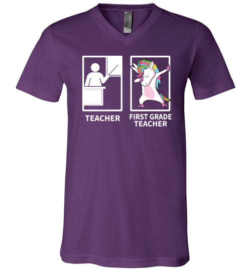 Dabbing Unicorn First Grade Teacher V-Neck
