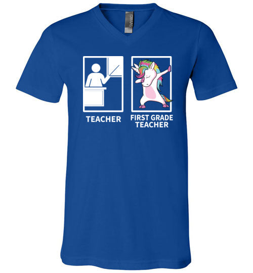 Dabbing Unicorn First Grade Teacher V-Neck