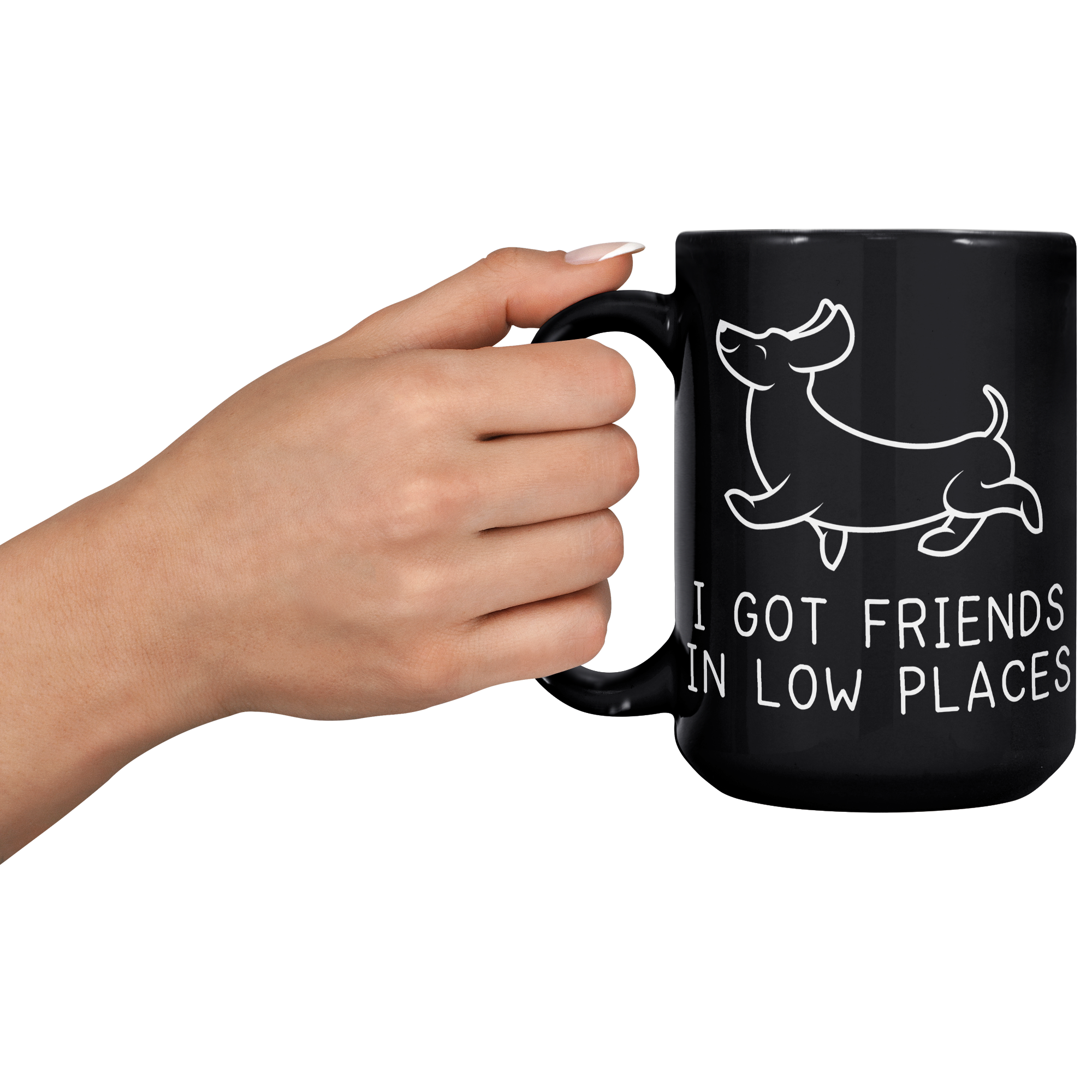 15oz_Black_Mug_-_Dashchund_Low_Places_15oz_Black_LH_Model_Mockup.png