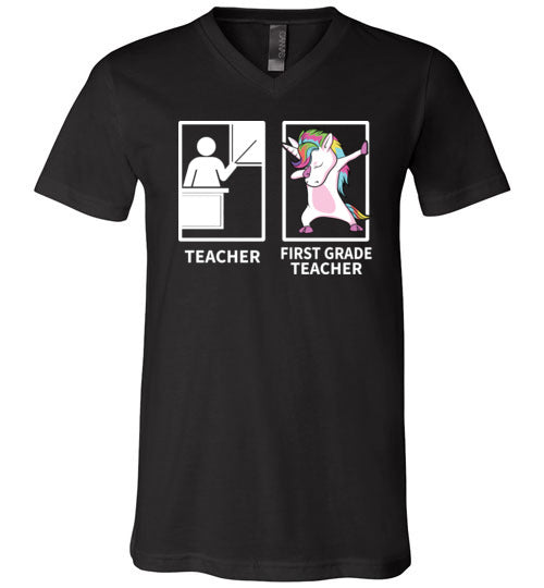 Dabbing Unicorn First Grade Teacher V-Neck