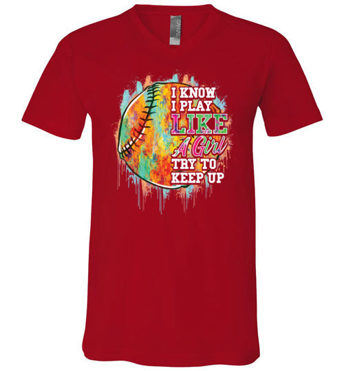 Watercolor Softball I Know I Play Like A Girl V-Neck
