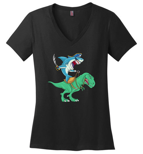 Pirate Shark Riding Dinosaur V-Neck