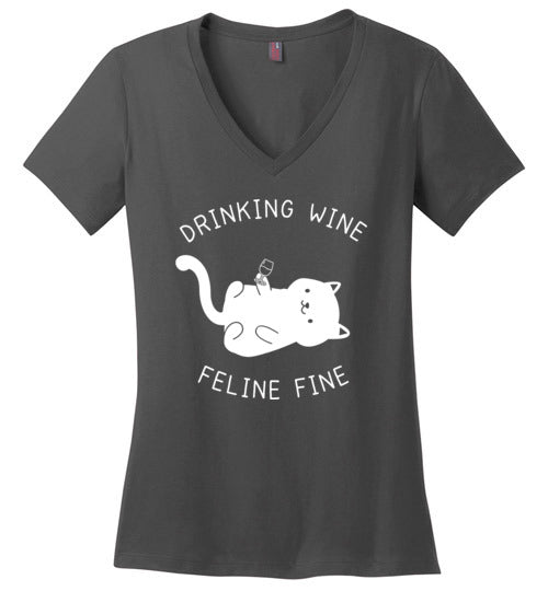 Drinking Wine Feline Fine V-Neck