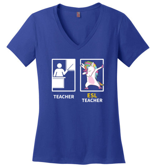 Dabbing Unicorn ESL Teacher V-Neck
