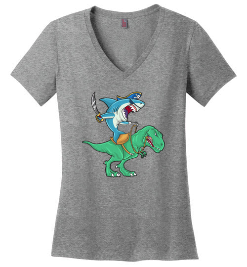 Pirate Shark Riding Dinosaur V-Neck