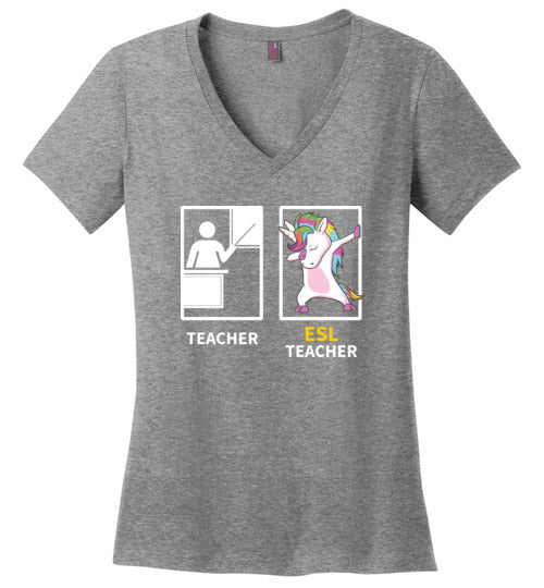 Dabbing Unicorn ESL Teacher V-Neck