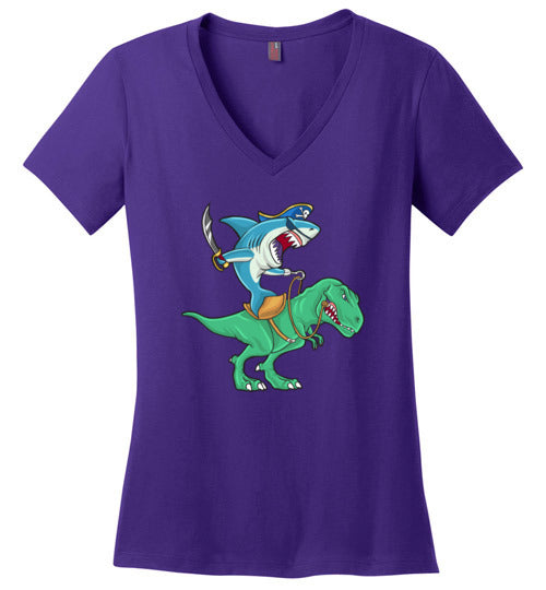 Pirate Shark Riding Dinosaur V-Neck