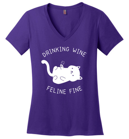 Drinking Wine Feline Fine V-Neck