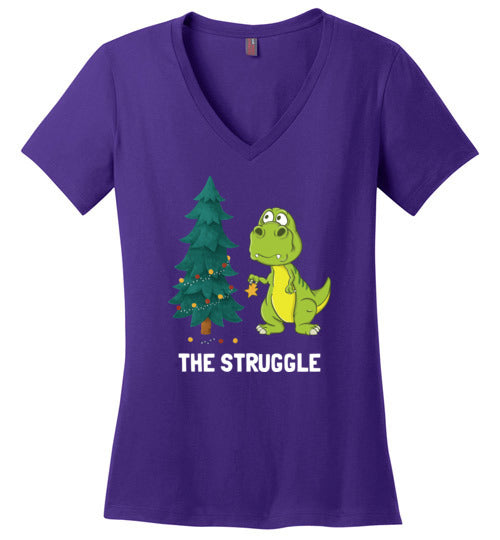Dinosaur T-Rex Christmas Struggle V-Neck