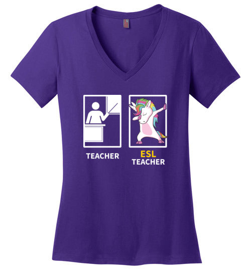 Dabbing Unicorn ESL Teacher V-Neck
