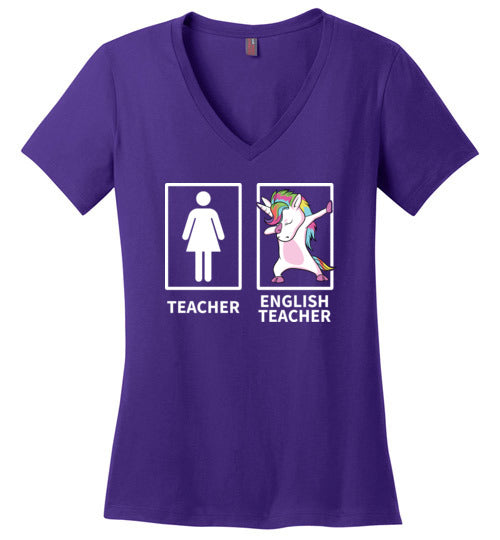 Dabbing Unicorn English Teacher V-Neck