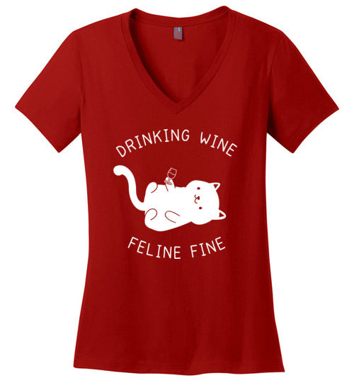 Drinking Wine Feline Fine V-Neck