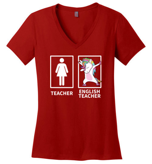 Dabbing Unicorn English Teacher V-Neck