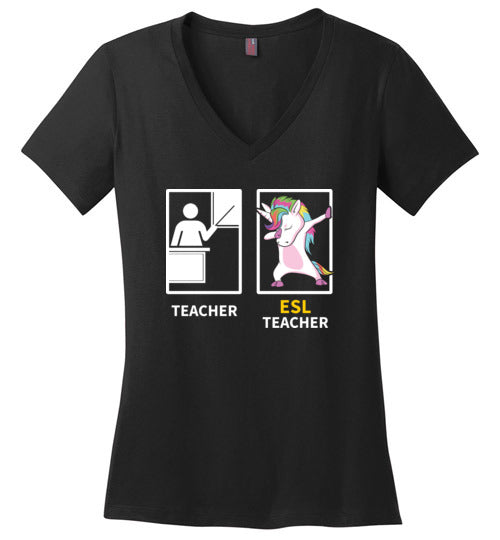 Dabbing Unicorn ESL Teacher V-Neck