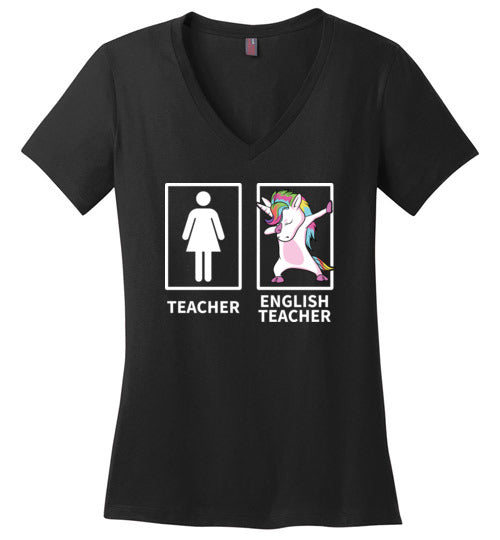 Dabbing Unicorn English Teacher V-Neck