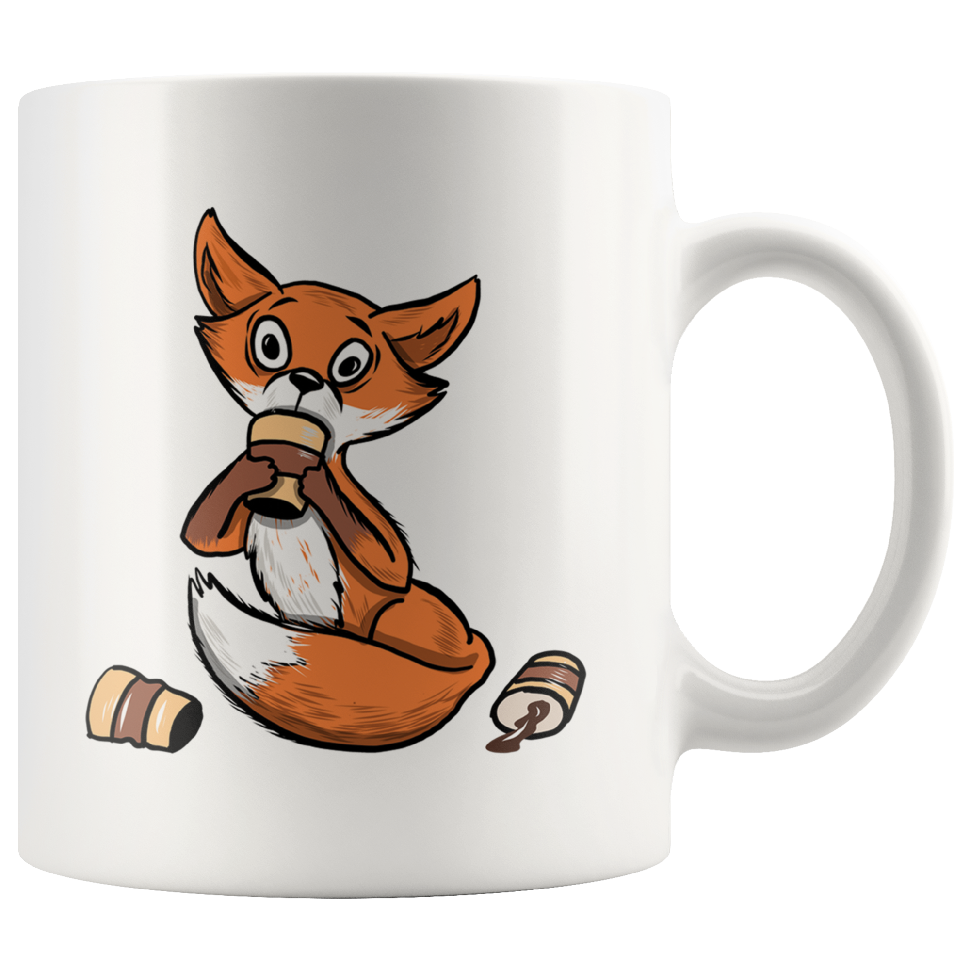 White 11oz Mug - Fox Drinking Coffee