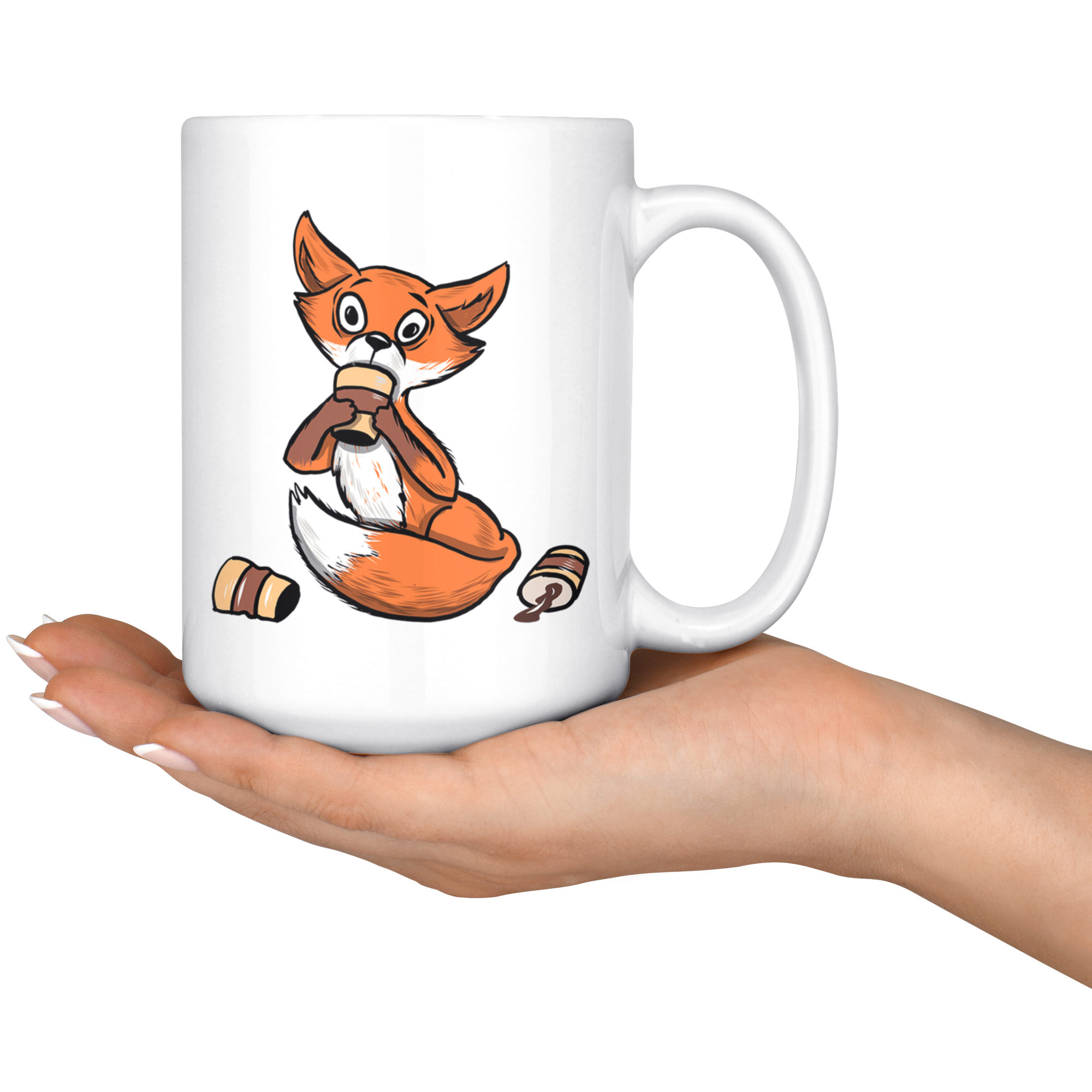 White 15oz Mug - Fox Drinking Coffee